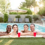 Four people enjoying on the swimming pool. Consider Mobile IV therapy services in Phoenix and Arizona. Discover element IV therapy, feel better fast with IV drip treatments near me.